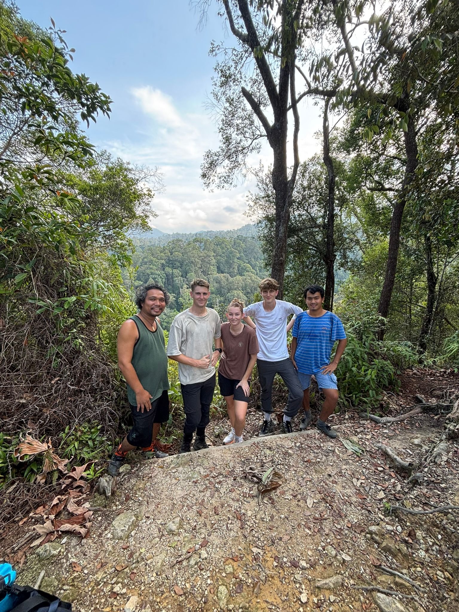 Hikers trekking through the Bukit Lawang rainforest during a 3 Days 2 Nights jungle adventure in Gunung Leuser National Park, Sumatra.